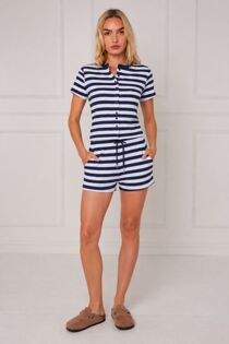 Navy Striped Ribbed Button-Front Crop Top With Shorts Set