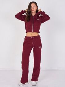 Wine Printed Hooded Cropped Zip-Up & Side-Stripe Jogger Tracksuit Set