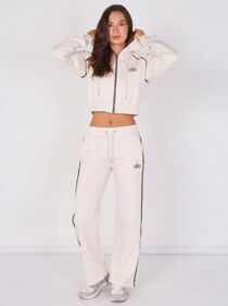 Cream Printed Hooded Cropped Zip-Up & Side-Stripe Jogger Tracksuit Set