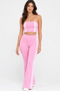 Pink Strapless Cropped Printed Top With Side Striped Flare Trouser