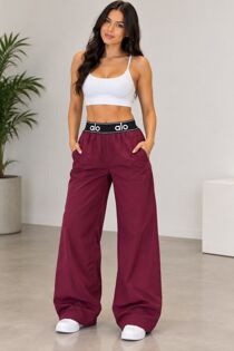 Wine Printed Contrast Waist Wide Leg Elastic Trousers
