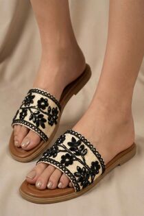 Black Floral Crystal And Pearl Embellished Flat Slider Sandals