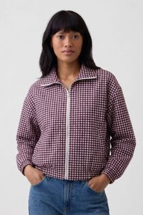 Gingham Check Print Zip-Up Cropped Jacket