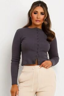 Slate Grey Ribbed Molly Button Through Top