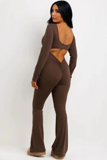 Chocolate Long Sleeve Scrunch Bum Seamless Flared Jumpsuit