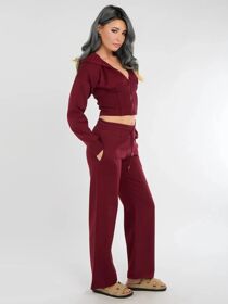 Wine Ribbed Corset Fit Hoodie With Straight Leg Trouser