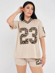 Oatmeal Leopard Base Print Varsity T-Shirt With Short Set
