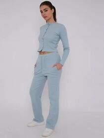 Sky Blue Ribbed Molly Button Through Top and Wide Leg Trousers