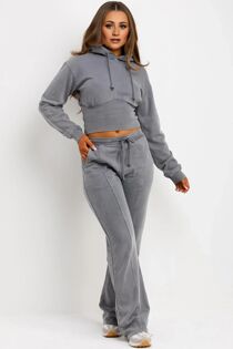 Silver Grey Acid Wash High Waisted Cropped Hoodie Set