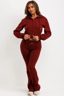 Wine Cropped Zipped Hoodie With Bell Bottom Trouser-