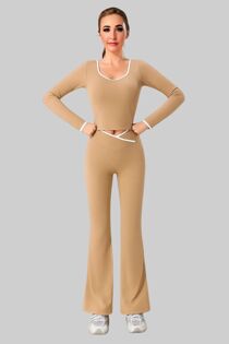 Mocha Contrast Sculpt V Neck Top And Flared Gym Set