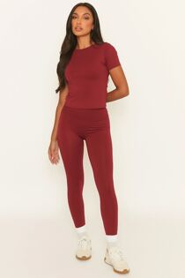 Wine Active Short Sleeve Top And Legging Co-Ord Set