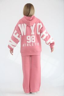 Rose Pink NEW YORK Printed Hoodie With Wide Leg Trouser