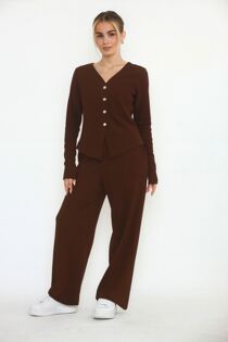 Chocolate Soft Ribbed Buttoned Cardigan With Wide Leg Trouser