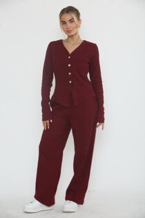 Wine Soft Ribbed Buttoned Cardigan With Wide Leg Trouser