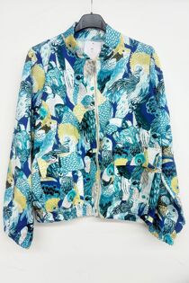 Green Vibrant Bird Print Bomber Jacket