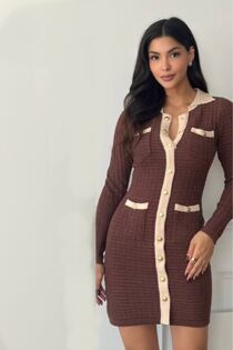 Brown Long Sleeve Knitted Gold Button Front Bodycon Dress