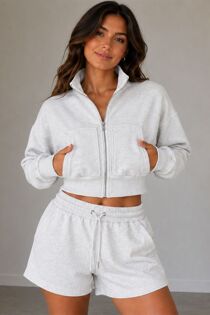 Bleach Grey Interlock Zipped Cropped Jacket With Short Set