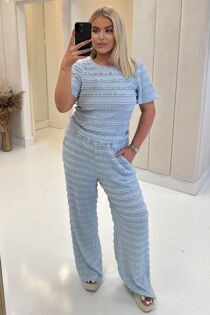 Short Sleeve Textured Top With Straight Leg Trouser