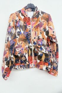 Brown Vibrant Bird Print Bomber Jacket