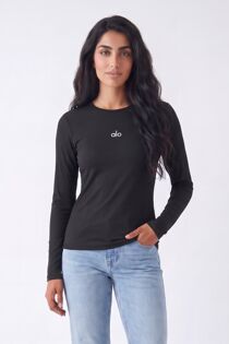 Black Crew Neck Printed Slim Fit Stretch Ribbed Top
