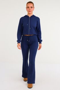 Navy Cropped Zipped Hoodie With Bell Bottom Trouser