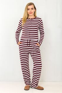 Wine Contrast Striped Molly Button Top and Wide Leg Trousers