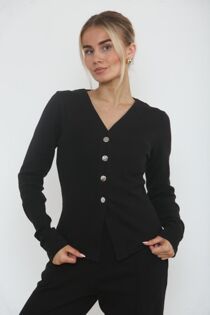 Black Soft Ribbed Buttoned Cardigan With Wide Leg Trouser