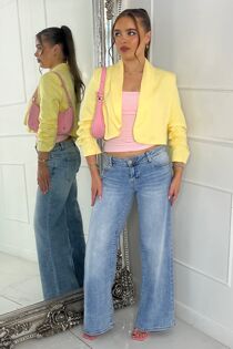 Yellow Ruched Sleeve Cropped Blazer