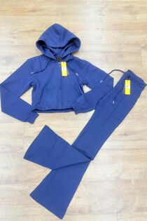 Navy Cropped Zipped Hoodie With Bell Bottom Trouser