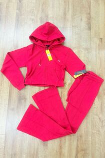 Red Cropped Zipped Hoodie With Bell Bottom Trouser