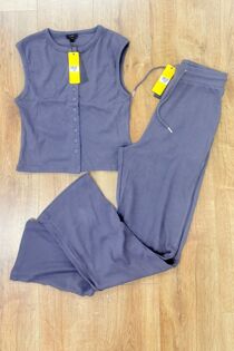 Slate Grey Ribbed Sleeveless Button Up Top With Wide Leg Trouser