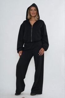Black Bubble Hem Zip Up Hoodie With Relaxed Trouser