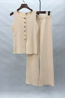 Beige Rib Knit Waistcoat And Trouser Co-Ord Set