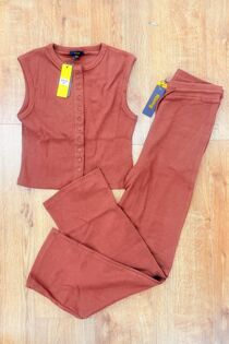 Brown Ribbed Sleeveless Button Up Top With Wide Leg Trouser