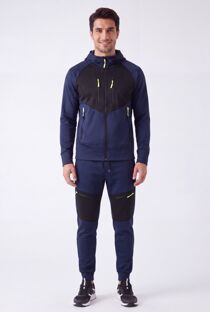 Navy With Black Color block Slim Fit Hooded Jacket & Joggers
