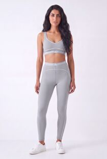 Grey Striped Printed Band Gym Crop Top And Legging Set