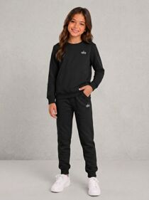 Black Kids Printed Round Neck Sweatshirt With Bottom Tracksuits