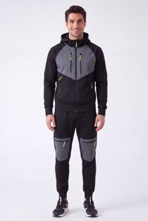 Black With Slate Grey Color block Slim Fit Hooded Jacket & Joggers