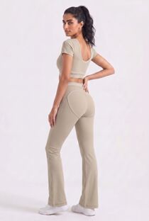 Beige V Neck Crop Top With High Waist Flare Leggings