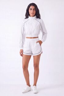 White Cropped Zip-Up Track Jacket And Running Shorts