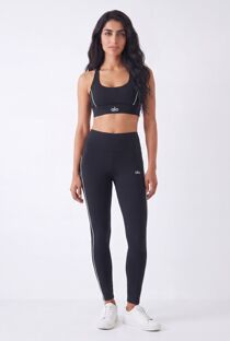 Black Contrast Piping Printed Crop Top And High Waisted Legging Set