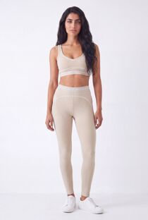 Beige Striped Printed Band Gym Crop Top And Legging Set