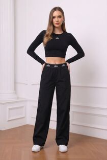 Black Printed Wide Leg Elastic Waist Trousers