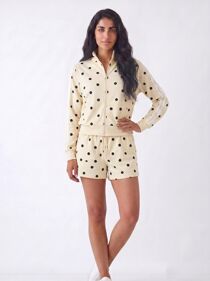 Butter Yellow Polka Dot 2 Stripe Zipped Sweatshirt With Short Set
