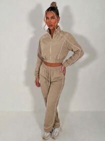 Beige Water Resistant Zip Through Crop Top & Joggers Co-ord