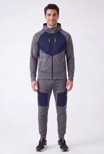 Slate Grey With Navy Color block Slim Fit Hooded Jacket & Cargo Joggers