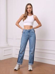 Denim Folded Hem Side Stripe Mom Jeans