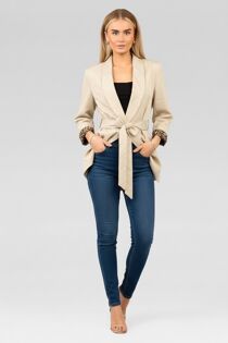 Beige Leopard Cuff Print Belted Mid Length Blazer Jacket