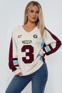 Ivory Oversized Athletic Slogan Varsity Sweatshirt
